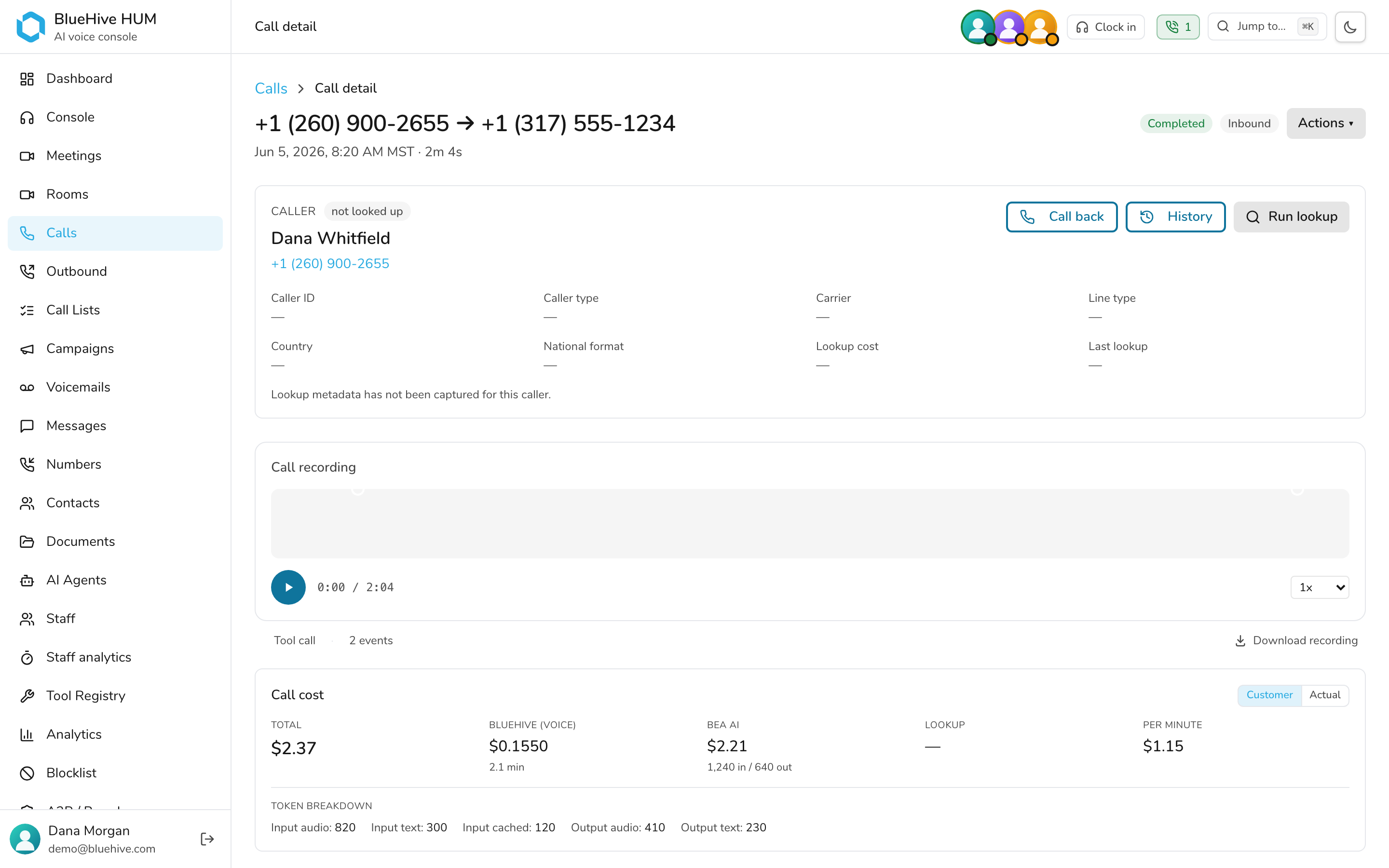 Live call insights, cost, and transcript — light