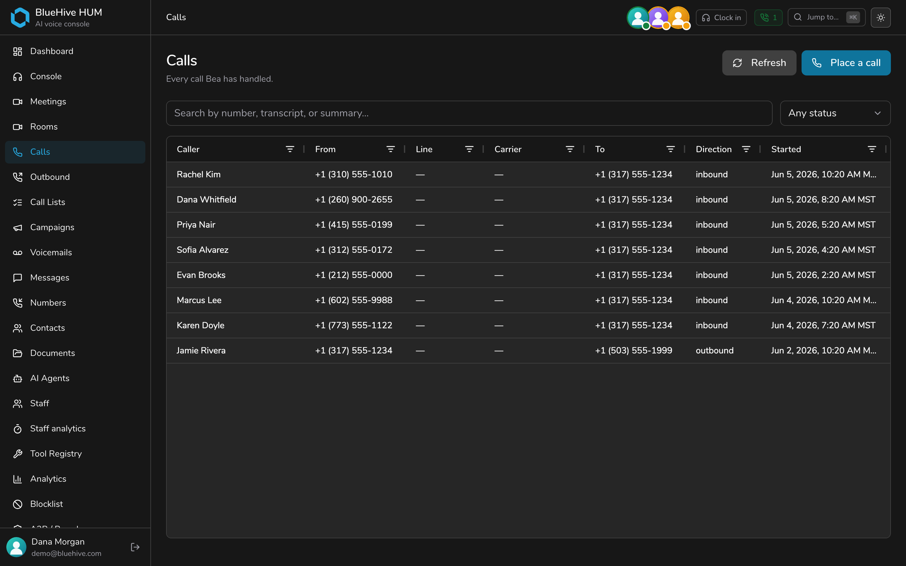 Every call, searchable — dark